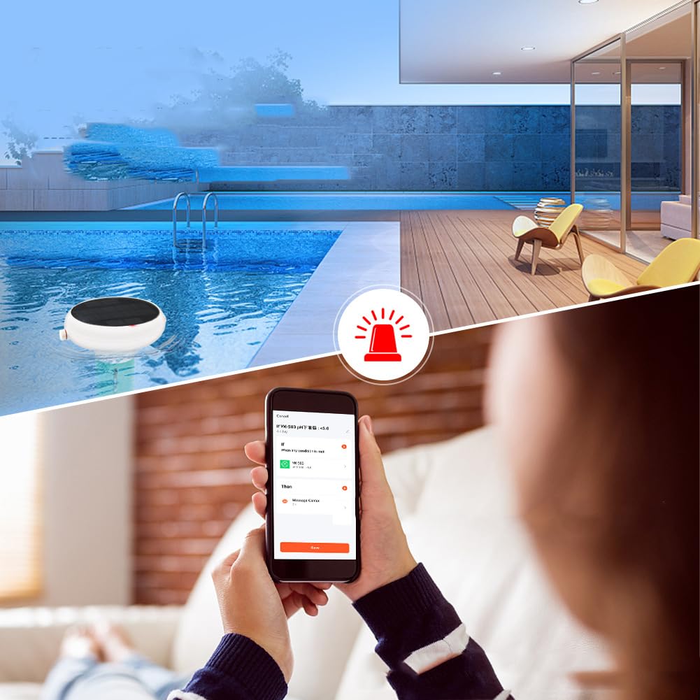 Testeur solaire de qualité de l'eau pour piscine, 7 en 1 pH ORP salinité avec alertes d'application, capteur sans fil IP67 et passerelle pour le suivi des données réelles