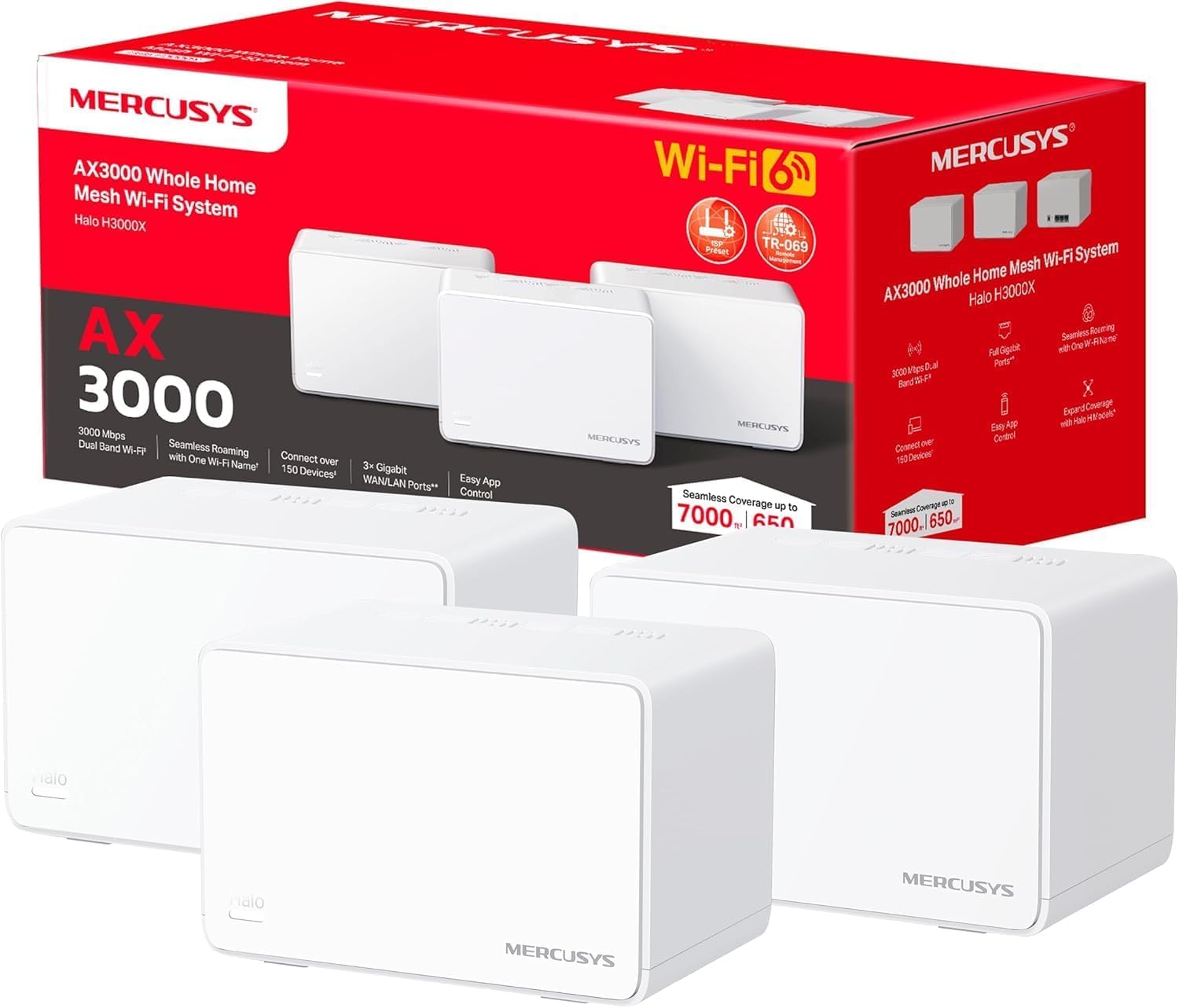Mercusys Halo H3000X Lot de 3 routeurs Wi-Fi double bande AX3000 Wi-Fi 6 AX3000, 3 ports Gigabit par unité, MU-MIMO, WPA3, sécurité parental (reconditionné)