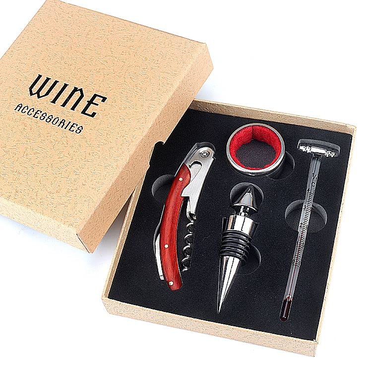 Wine Accessory Set with 4 Pcs - Thermometer, Drip Collar, Corkscrew Bottle Opener & Stopper (Brown + Silver)