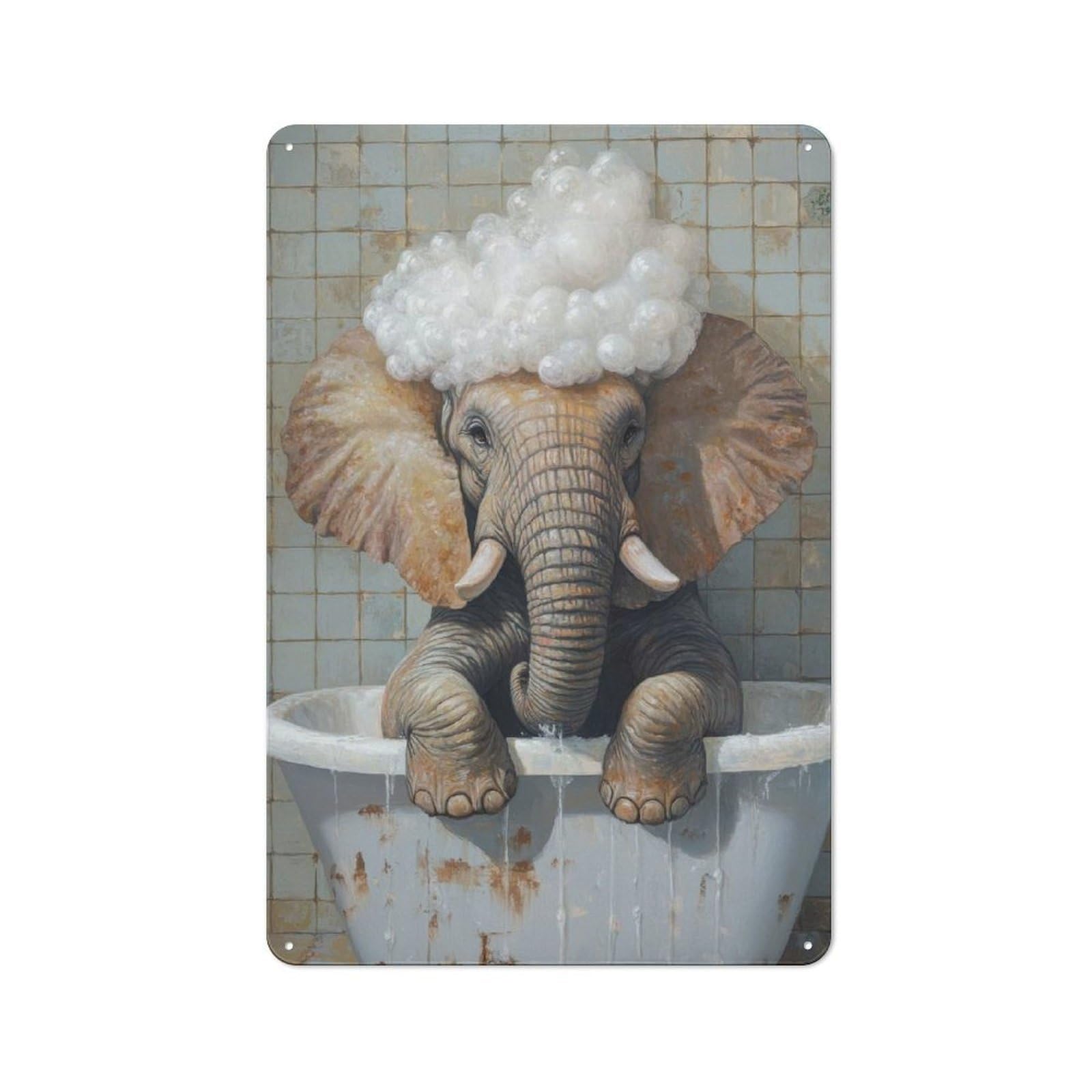Junmoney Style-1 Metal Plaque 30X20cm With Elephant In A Tub For Pub Or Café, Retro Decor, For Pub Decor Enthusiasts Refreshing A Room In Autumn
