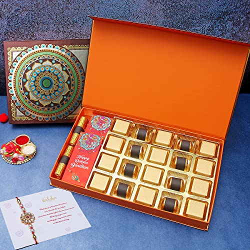 Image of Velvet Fine Chocolates Premium Rakhi Gift Hamper for Brother & Sister with Rakhi | Rakhi Gift Pack with 20 Assorted Chocolates, 2 Cranberry Chocolate Logs, 1 Fruit Nut Bar, 1 Chocolate Bar