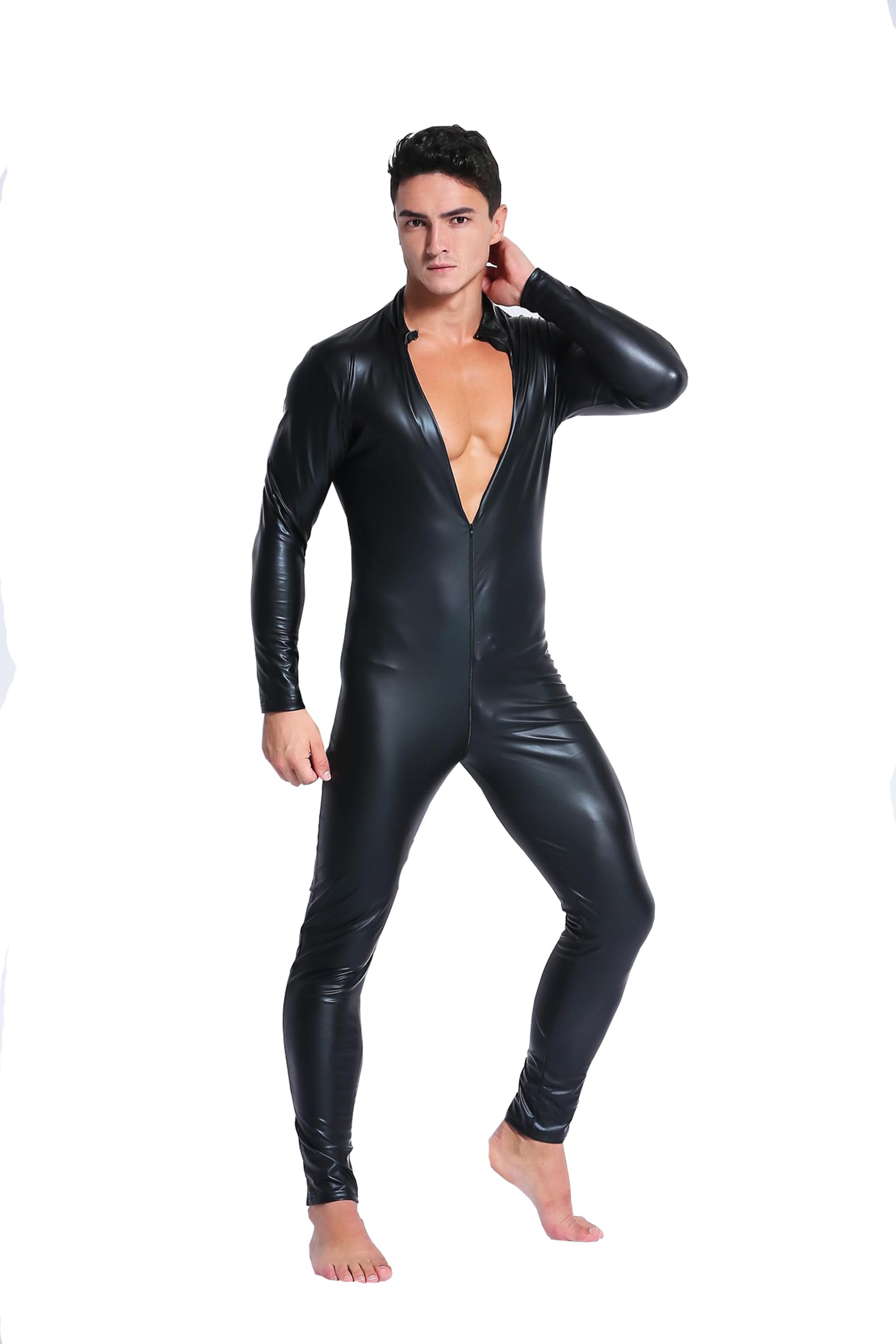 SDGHH-8MMDM Faux Leather Bodysuit Men Shiny Catsuit One-Piece Front Zipper Leotard Playsuit Jumpsuit Clubwear Costume Wetlook Leather Trousers Faux Pants for Cosplay,Black,M