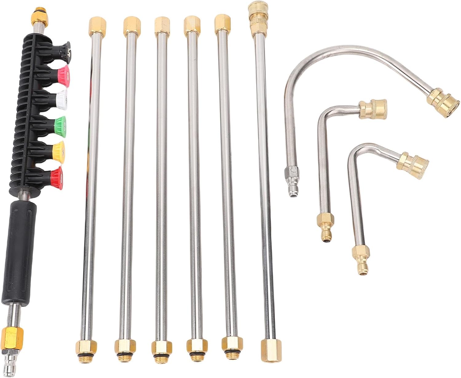 Qinlorgo Pressure Washer Extension Wand Kit, 6 Nozzle Tips 3 Curved Wands 15 Inch Extension Rods, 1/4 Inch Quick Connect Wand with Versatile Design, Ideal for Roof, Wall, Gutter &