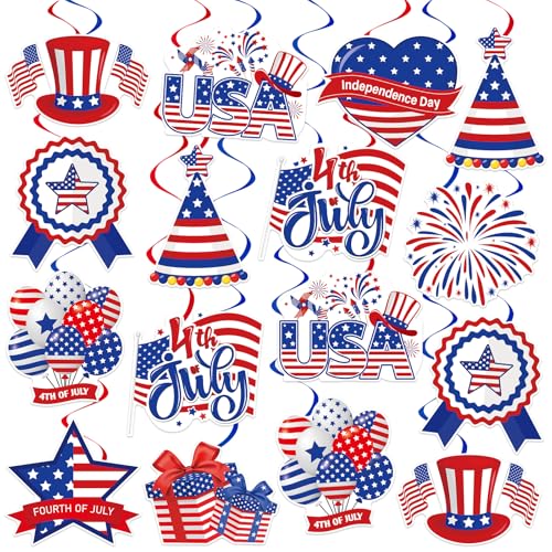Image of 40Pcs 4th of July Decorations Hanging Swirls, Double Sided Independence Day Ceiling Hanging Decor Patriotic Streamers Foil Swirl for 4th of July Independence Day Patriotic Party Decorations