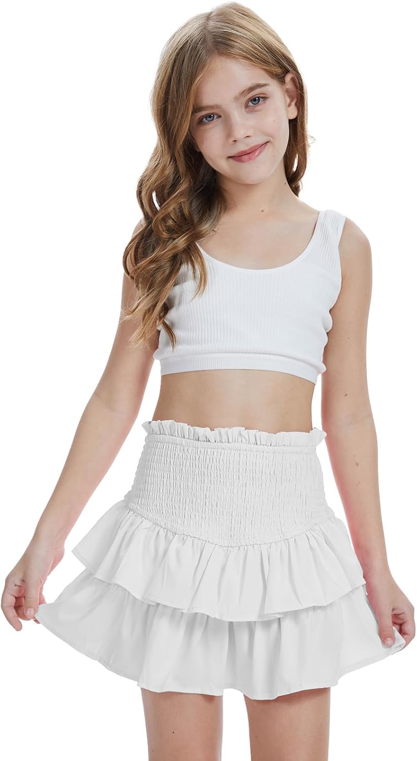 Girls Mini Skirts High Elastic Waisted Tiered Smocked Ruffle Skirt with Shorts US Size 4-15 - Image 5