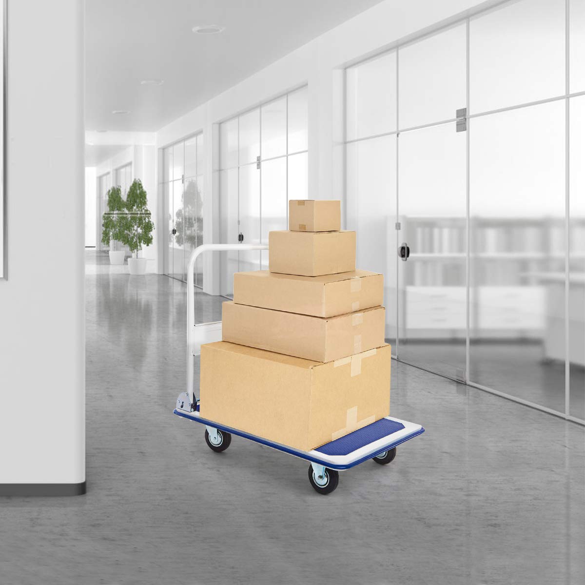 GYMAX Carretilla de Transporte Plegable con Capacidad de hasta 300 kg, 90 x 60 cm, con Revestimiento Antideslizante, Carretilla de Metal, Carro de Plataforma para Casa, Jardín y Supermercado