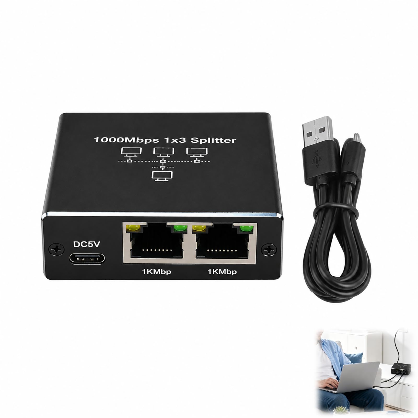 LAN Switch 1 Auf 3, LAN Splitter 1 auf 3 1000Mbps Gigabit Ethernet Verteiler mit Aluminiumgehäuse, RJ45 Splitter USB-C-Stromversorgung Computer, Router, Set-Top Box, Homeoffice, Büro, kompakt tragbar