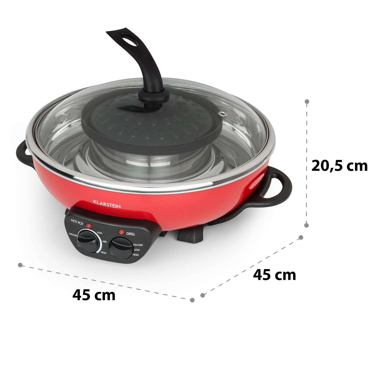 Klarstein Szechuan - Hot Pot i płyta grillowa, Garnek Hot Pot: 5 litrów, Grill 1350 W / 38 cm Ø, Płyta grillowa: 600 W / 22 cm Ø, Element grzejny z aluminium, czerwony
