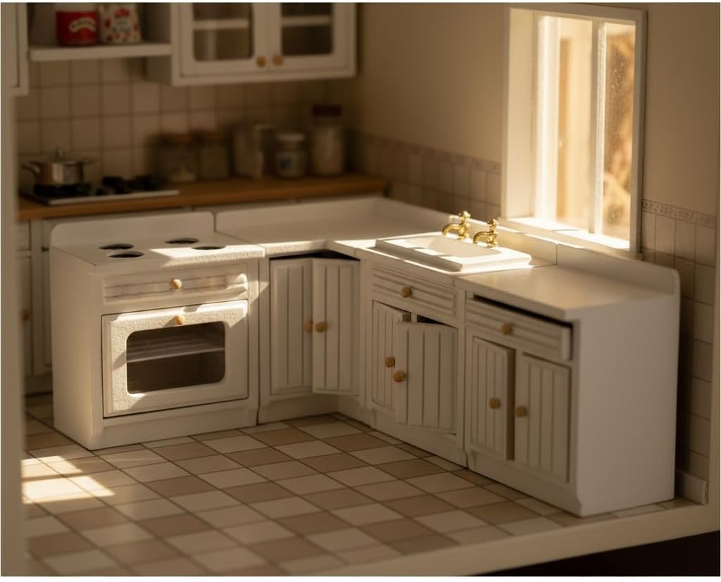 Miniature Furniture Dollhouse Kitchen Cabinets Set 1:12 Scale Wooden Model Freely Combined 4PCS Mini House Accessories Furnishings Kit Decoration Gift (White)
