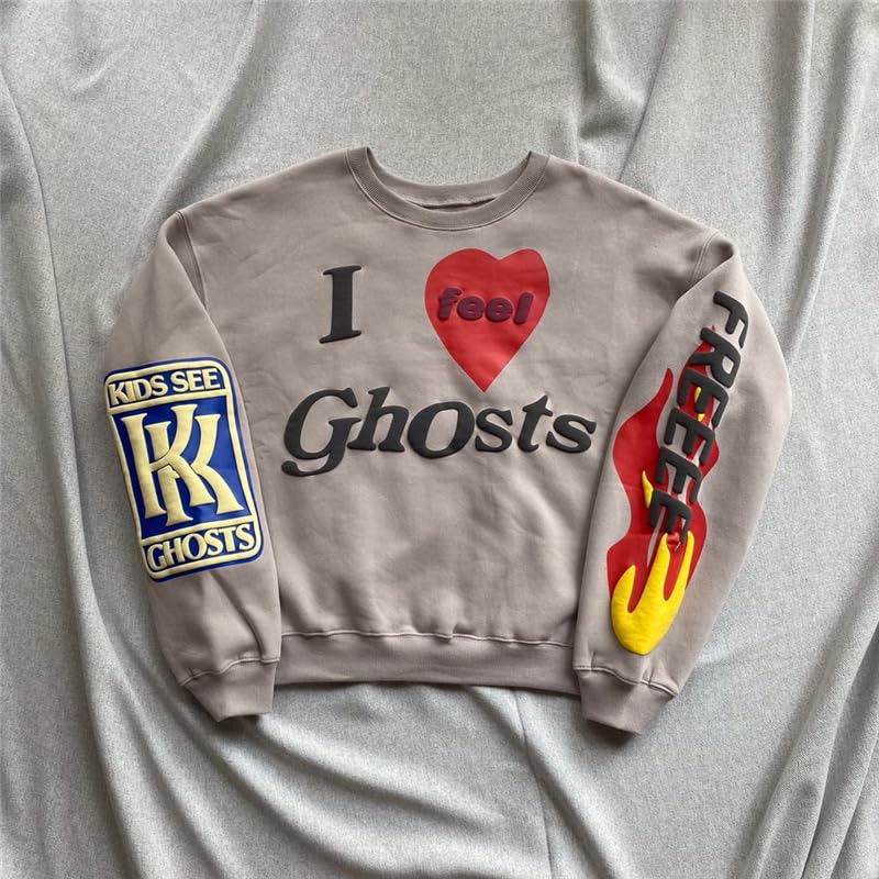 GenericI Feel Ghost Sweatshirts Kanyes Westss CUDI KID SEE GHOST Hoodies Men Women Nice Washed Foam Printing Streetwear Crewneck (1, M)