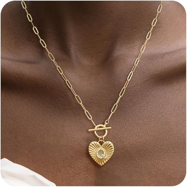 AiviGirl Initial Necklaces for Women Trendy,14k Gold Plated A-Z Personized Custom Heart Toggle Clasp Pendant Necklace Dainty Gold Necklace Paperclip Chain Women Jewelry for Birthday Gift