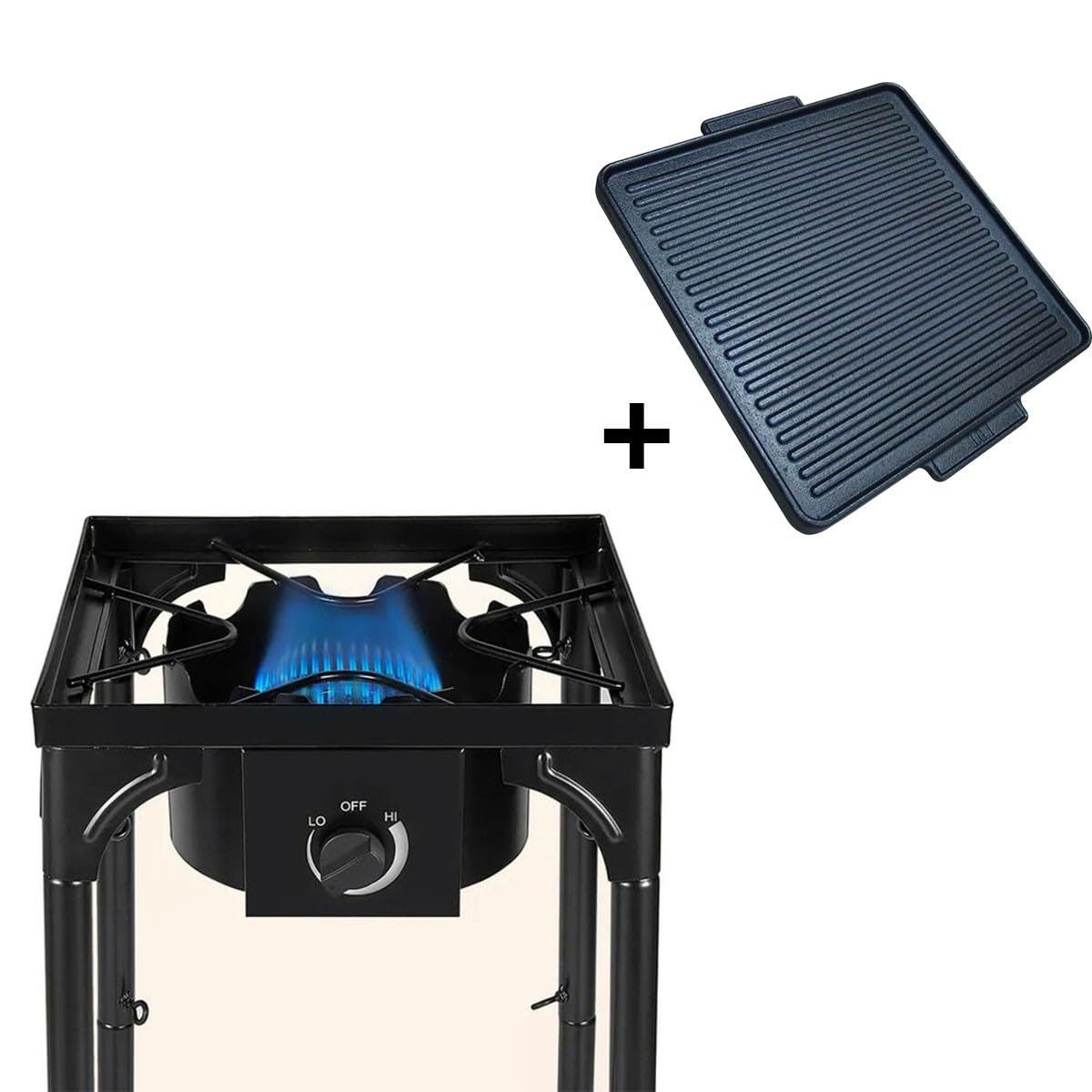 INTEC - Kuchenka gazowa z 1 palnikiem Grill 4,5kW 2 w 1 palnik żeliwny + żeliwna płyta grillowa 40 x 40 cm 3 wysokości piezo
