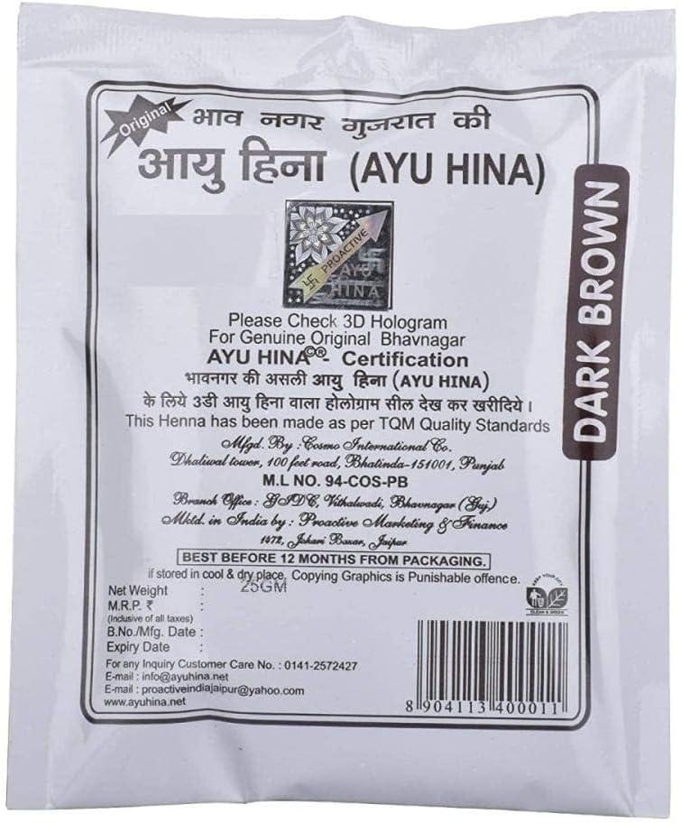 AYU HINA Henna, Dark Brown, Herbal Hair Colour, 25 g, Pack of 15