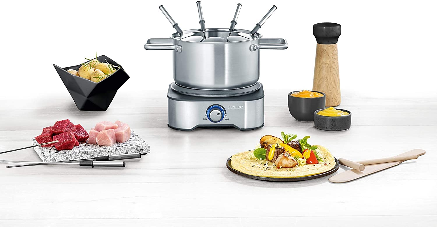 SEVERIN Appareil Fondue/Crêpes Combiné, Câble d'alimentation, env. 1500 W, Collerette Anti-Projections et 8 Fourchettes à Fondue Incluses, FO 2409
