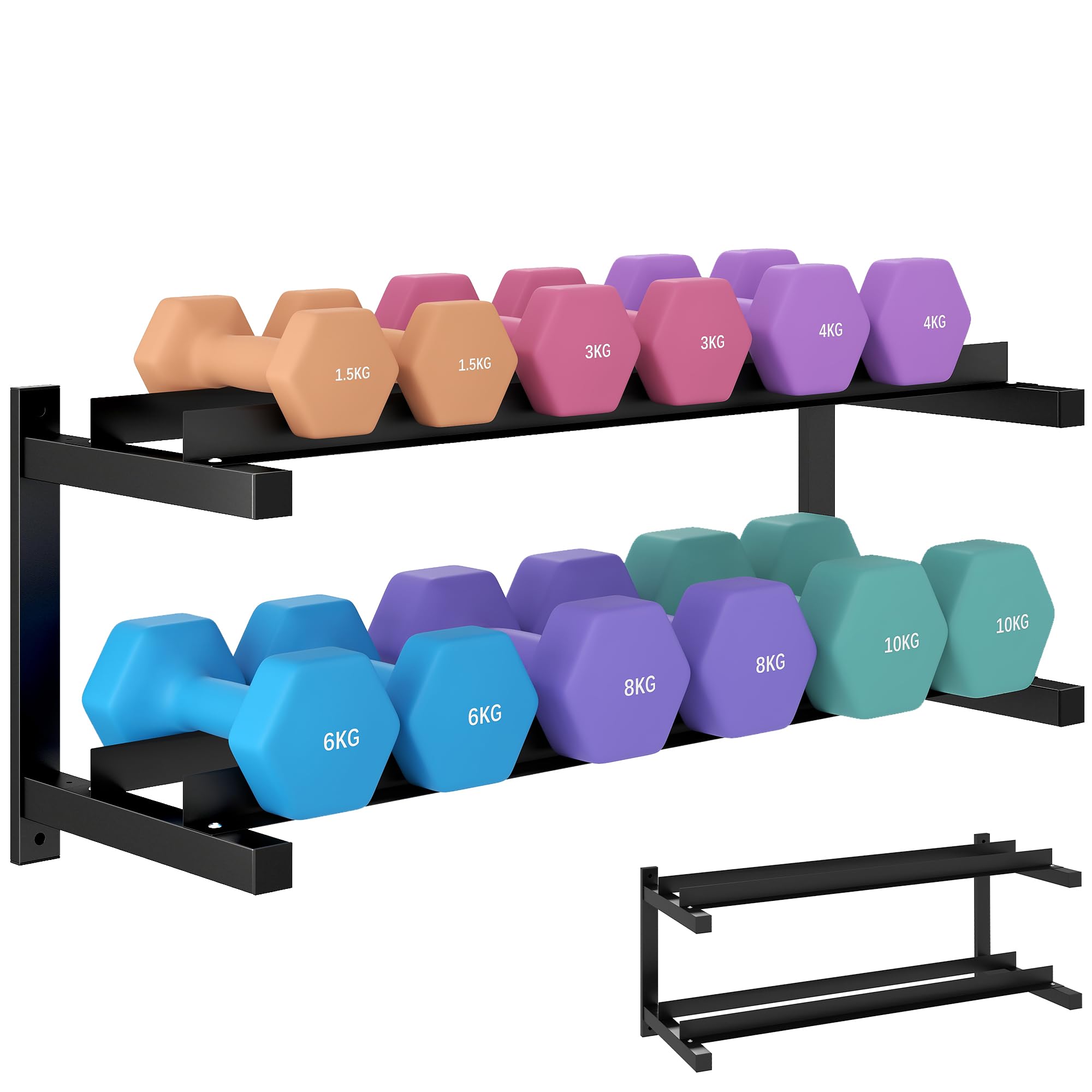 SPORTNOW Wall-Mounted Dumbbell Rack, 2-Tier Weight Rack, Space-Saving Dumbbell Stand, Multi-Functional organiser for Kettlebells and Yoga Mats, for Home Gym, Black