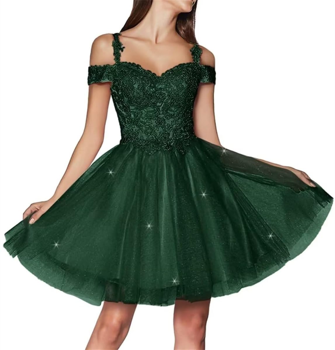 KURFACE Sparkly Tulle Homecoming Dresses for Teens 2024 Cold Shoulder Lace Applique Short Prom Dress Emerald Green A Line Ball Gown UK6