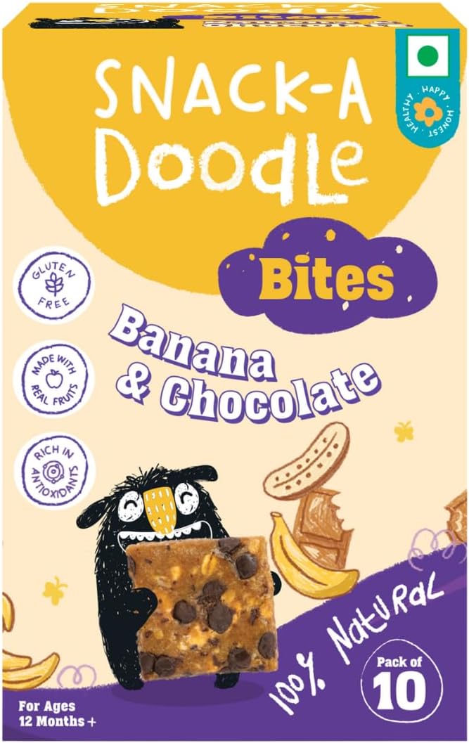 Snack-a-Doodle Banana & Choco Chip Bites | Nutritious Healthy Snacks for Kids | No Added Sugar | Sweetened with Fruits | Vegan & Gluten-Free | Perfect for Tiffin, Evening Snacks & Travel | 150g