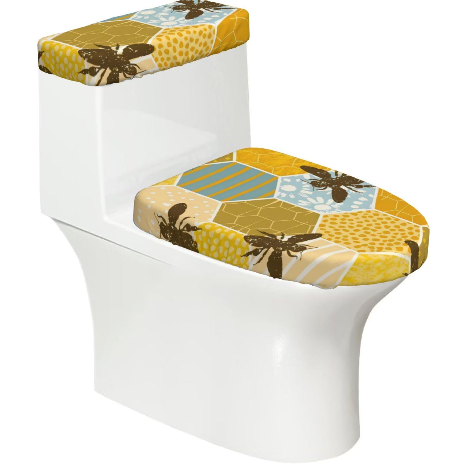 Wzycwb Black Bee Geometric Honeycomb 2-Piece Toilet Seat Cover Set With Tank Lid, Elastic Fit For U-Shape & Elongated Toilets, Bathroom Decor, Housewarming Gift