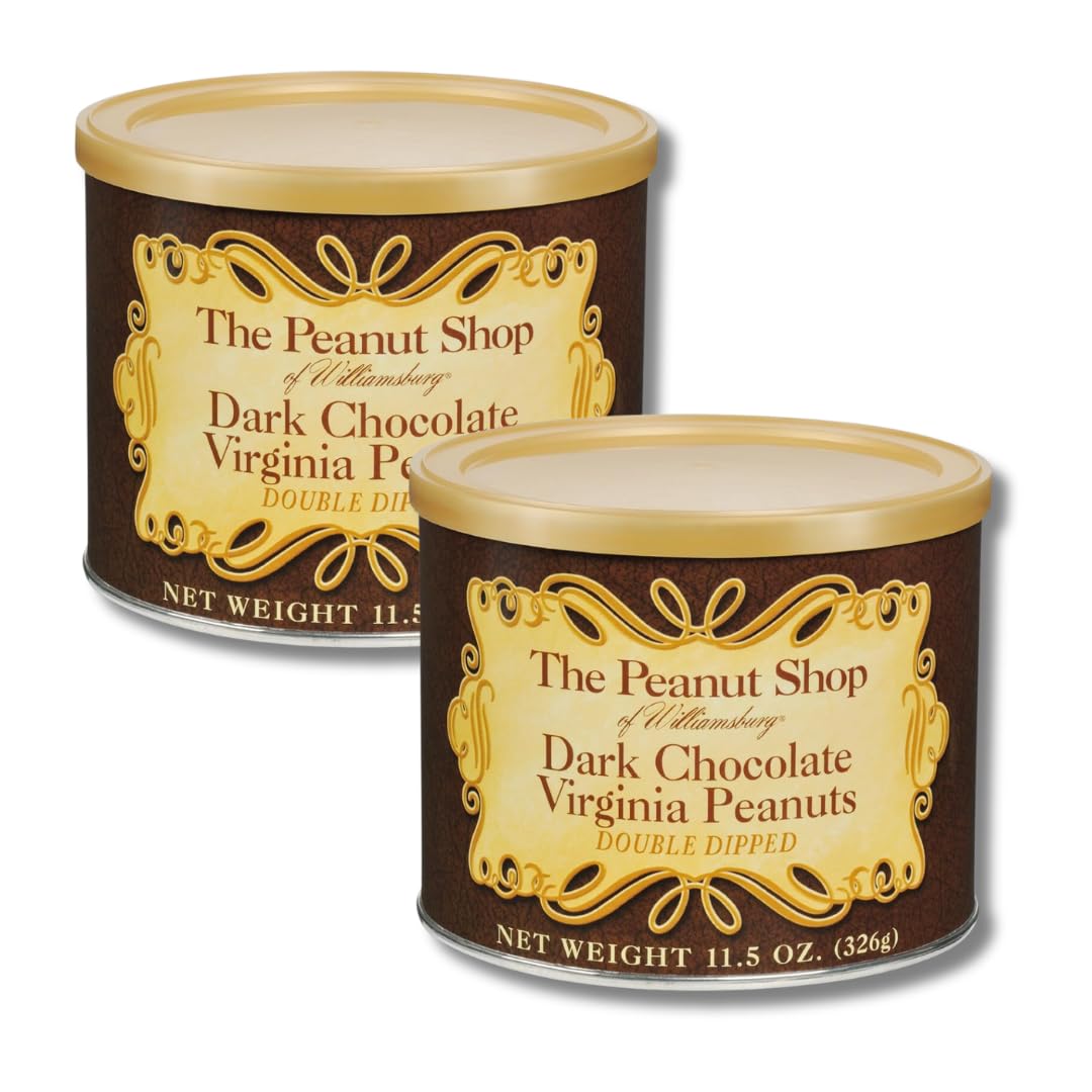 The Peanut Shop of Williamsburg Virginia Peanuts, Double Dipped Dark Chocolate Covered Peanuts, Gift Pack of 2, 11.5 oz. Tins By Lyza's Sweets & Treats