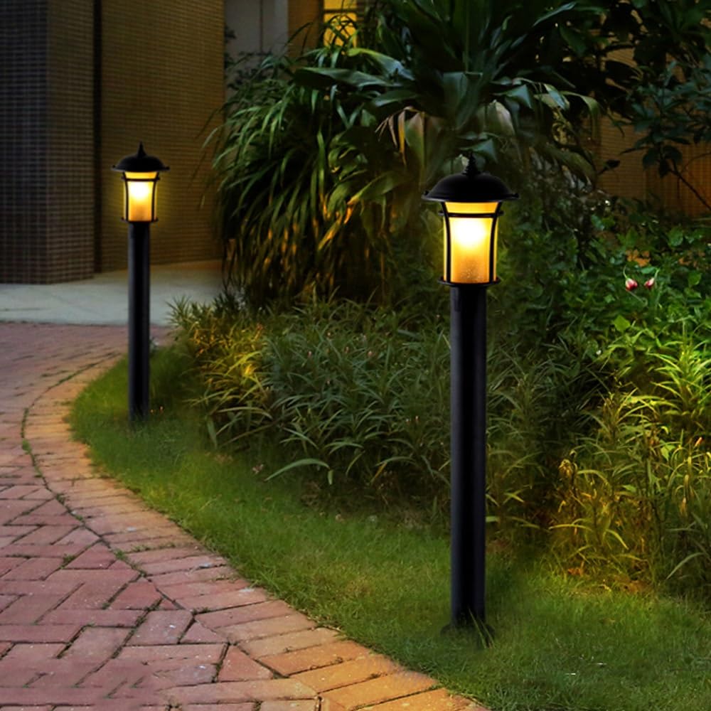 Europejska Lampa Ogrodzeniowa Z Żółtym Kloszem Szklanym, Słupek Oświetleniowy W Czarnym Wykończeniu, Lampa Naścienna Do Chodnika, Patio Lub Werandy,Large