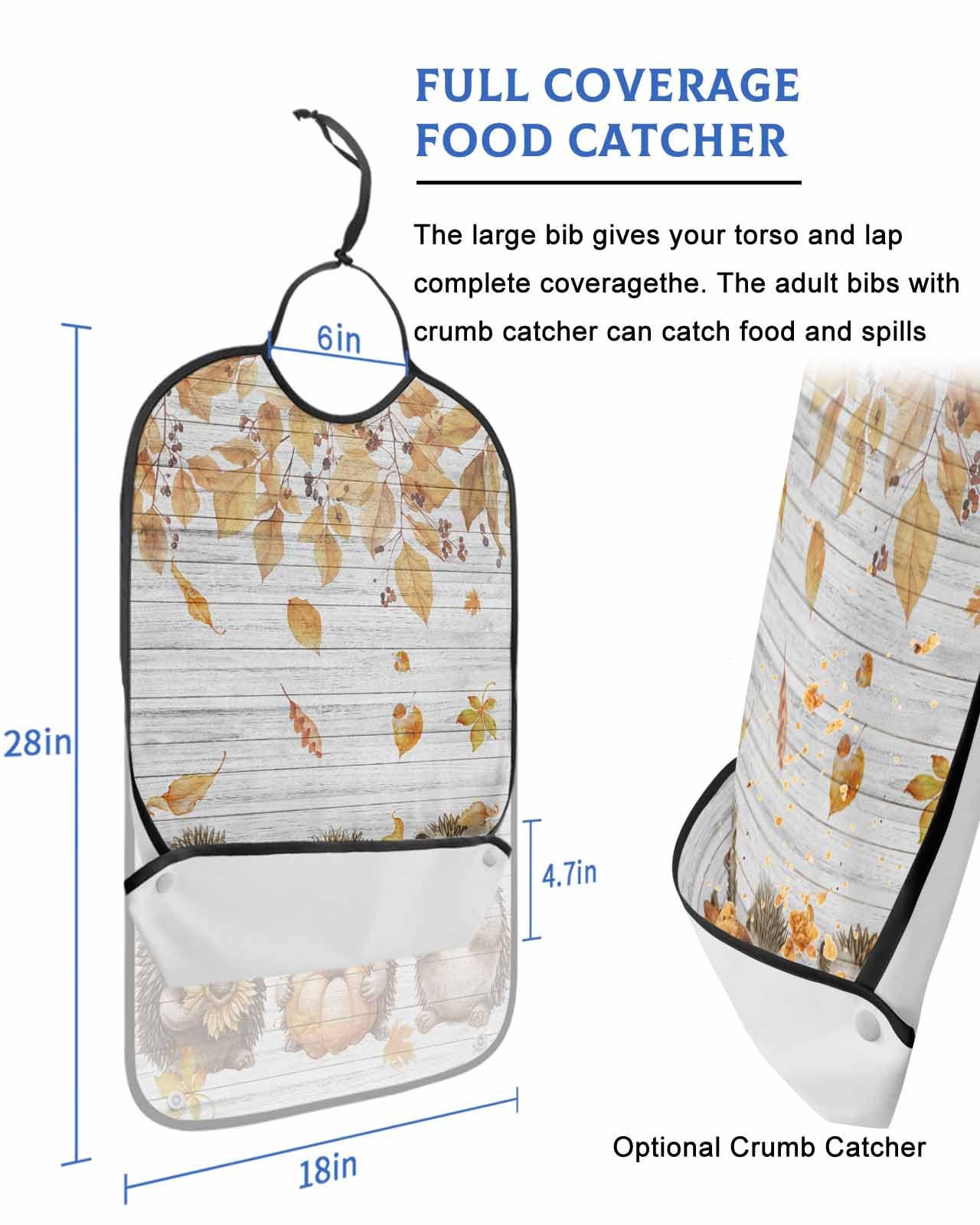 LEOKOTI Fall Hedgehog Adult Bibs for Eating, Waterproof Bibs with Food Catcher & Adjustable Snap Closure, Pumpkins Maple Leaf Vintage Washable Clothing Protectors Adult Bibs for Elderly Women/Men