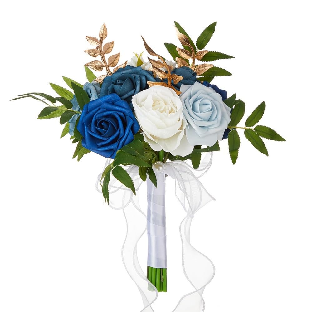 Huffa Whiteandblue Artificial Color Matching Roses - Spherical Holding Flowers Bouquet For Weddings And Events(Whiteandblue)