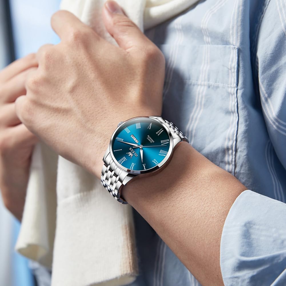 OLEVS Uhr Herren, Silber Analoger Quarz Edelstahl Wasserdicht Herrenuhren, Klassisches Großgesicht Herren Kleid Uhr, Minimalismus Leuchtend Tag Datum Herrenuhren