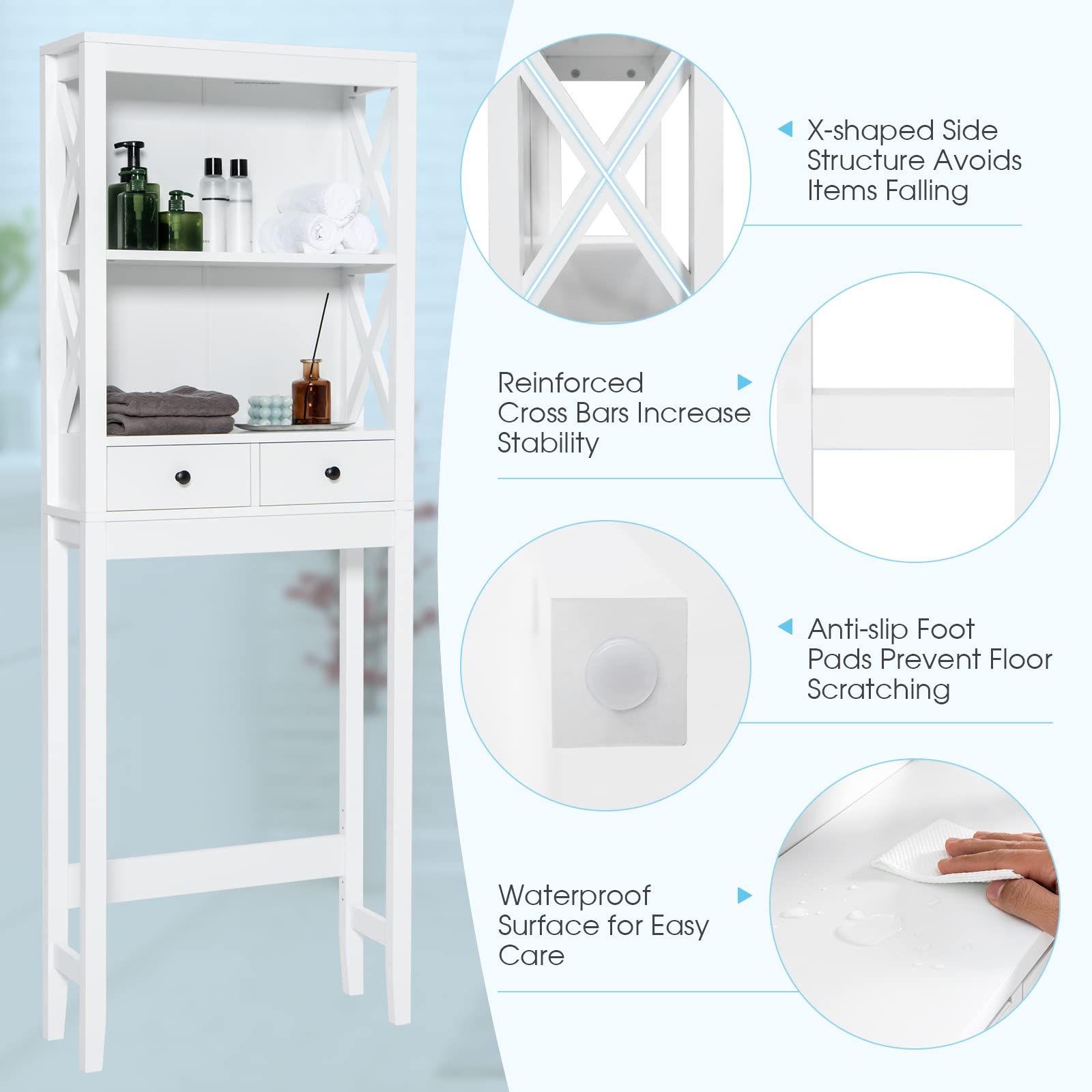 GIANTEX Scaffale per WC, in legno, salvaspazio | Scaffale da bagno, armadietto da bagno, sottile, per lavatrice, con 2 cassetti e 2 ripiani, bianco