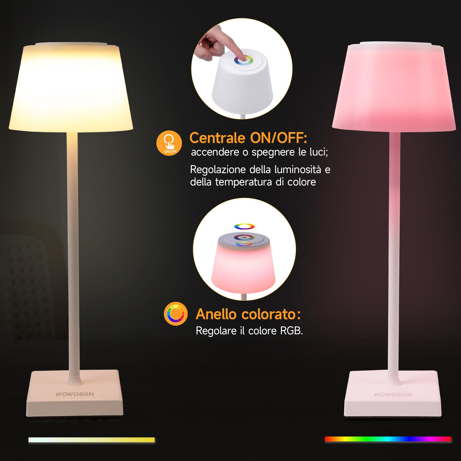 WOWDSGN Lampada da Tavolo Senza Fili Ricaricabile - Lampada da Scrivania a LED Dimmerabile All'infinito con Interruttore Tattile - IP44 - a Batteria 4000mAh - 3000K /4000K /5000K + RGB (2PZ)