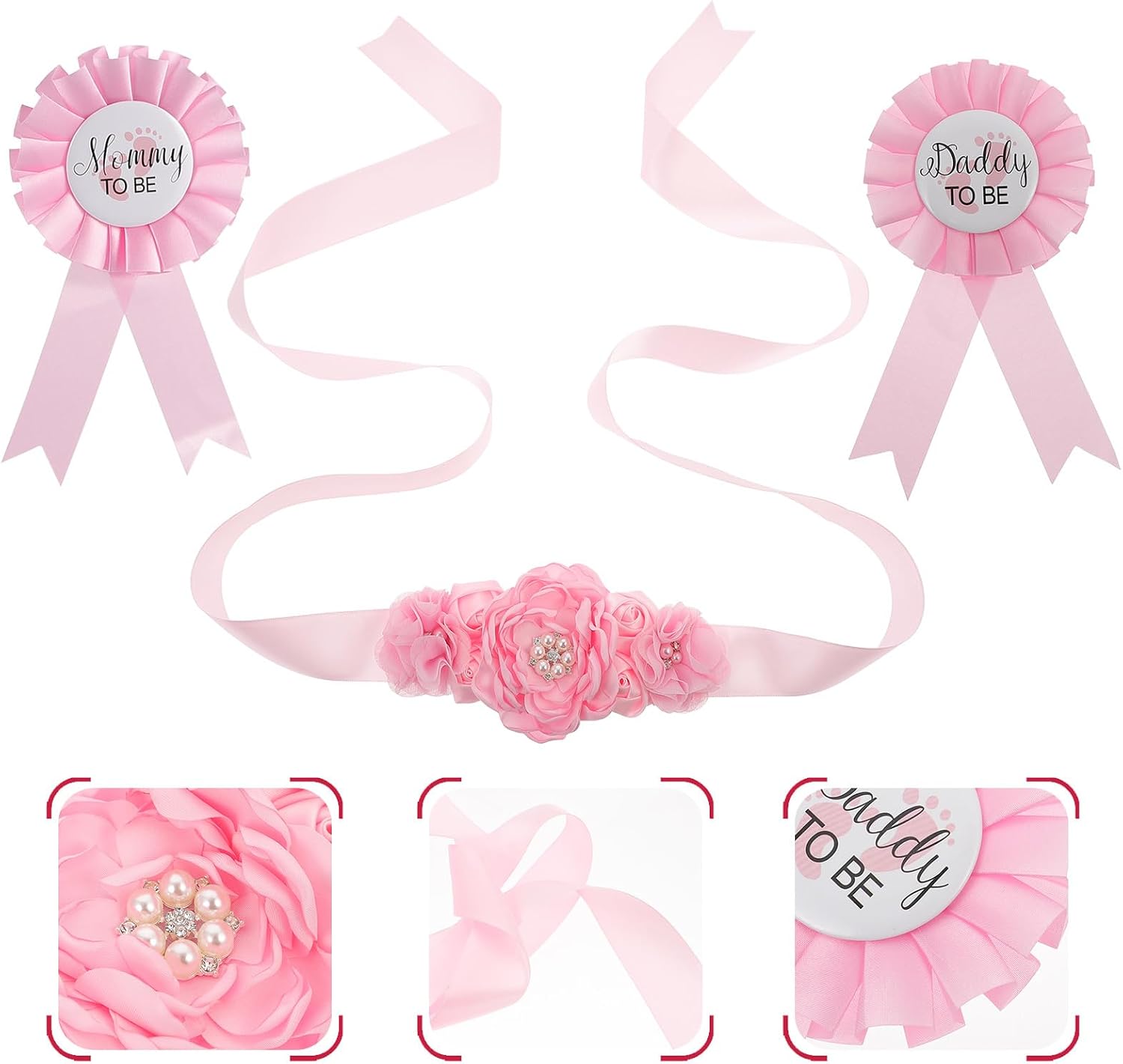 Toddmomy Maternity Sash Belt and Mommy Daddy to Be Pins Set, Pink Floral Belly Band for Baby Shower Gender Reveal Party Decorations, Keepsake Photo Shoot Props Accessories, Chiffon