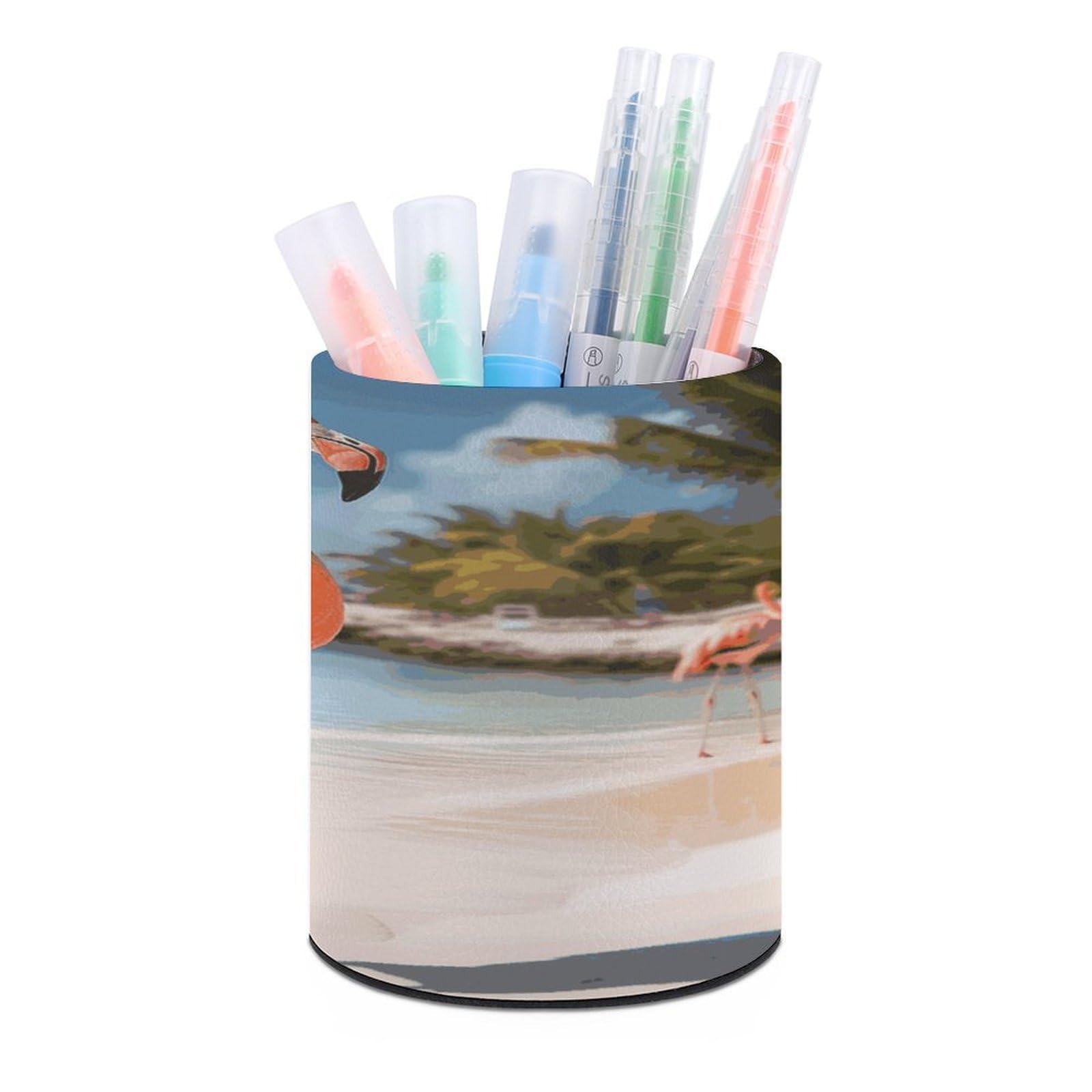 MUSM Beach Flamingo Pen Holder Round PU Leather Pencil Cup Waterproof Pencil Holder for Desk Pen Cup Pen Organizer Pencil Organizer Makeup Brush Holders for Home Office Decor
