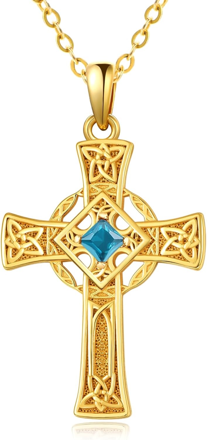 Valentine's Day Irish Jewelry Celtic Cross Necklaces for Women Anniversary Birthday Gift Protection Christian Cross with Square Birthstone