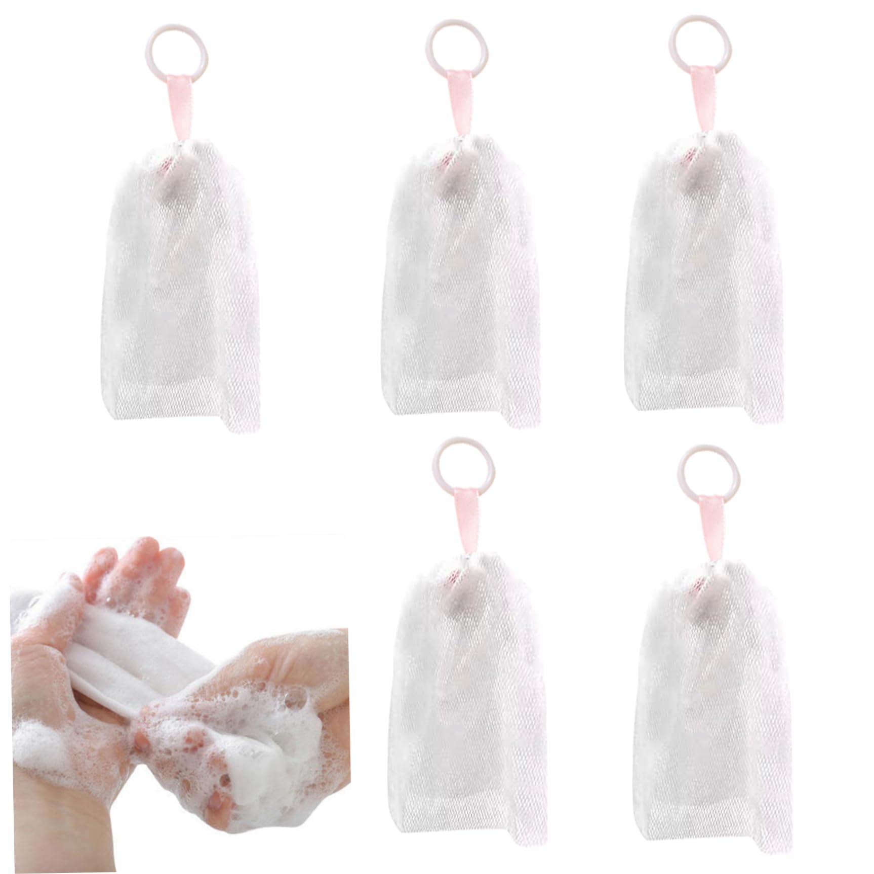 Red de espuma facial, red de espuma de 5 piezas para el lavado de cara, red de jabón suave para la piel con cuerda colgante, red de espuma de limpiador facial, malla exfoliante de espuma de burbujas