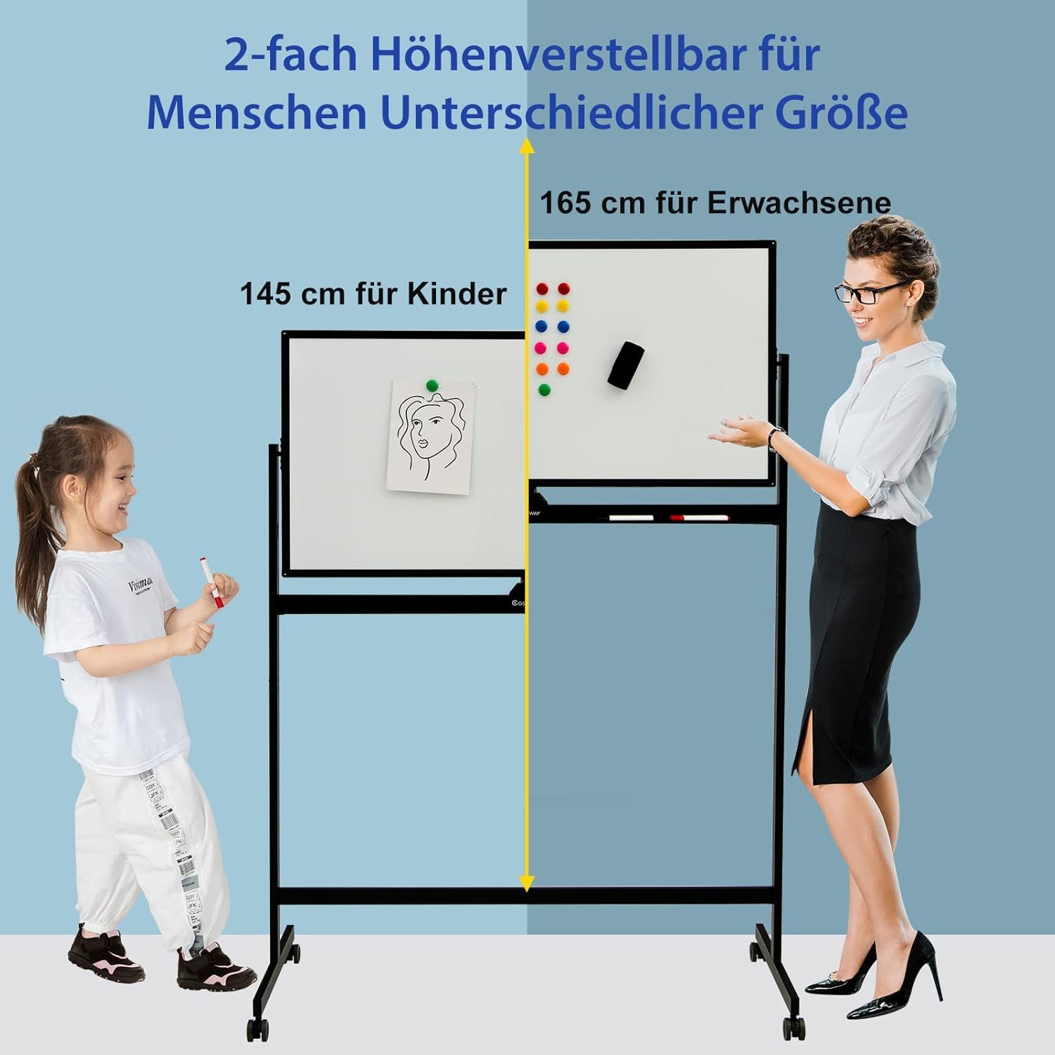 FANTASK Przenośna tablica suchościeralna, 120 x 60 cm, dwustronna magnetyczna tablica suchościeralna ze stojakiem i rolkami, zmywalna na sucho