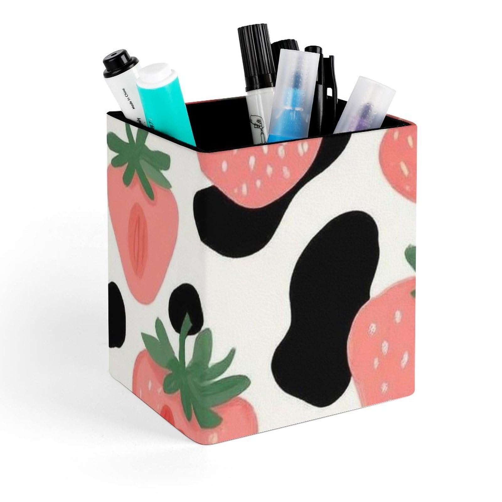 OPOZSDF PU Leather Pencil Pen Cup, Compatible with Pink Strawberry Cow Print Desktop Pencil Holder for Home Office Stationery Storage Box Makeup Brush