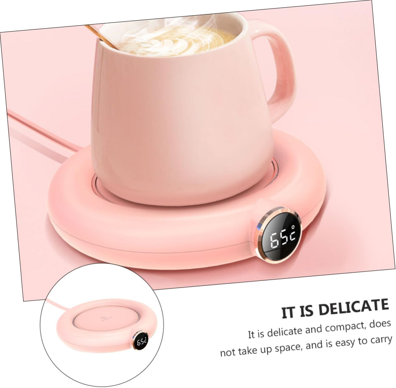 USB Charging Drink Cup Warmer Level Temperature Display Portable Pink Heating Coaster Pad for Coffee Tea Milk Safe Anti-Splash Design Power-Saving Office and Home Use
