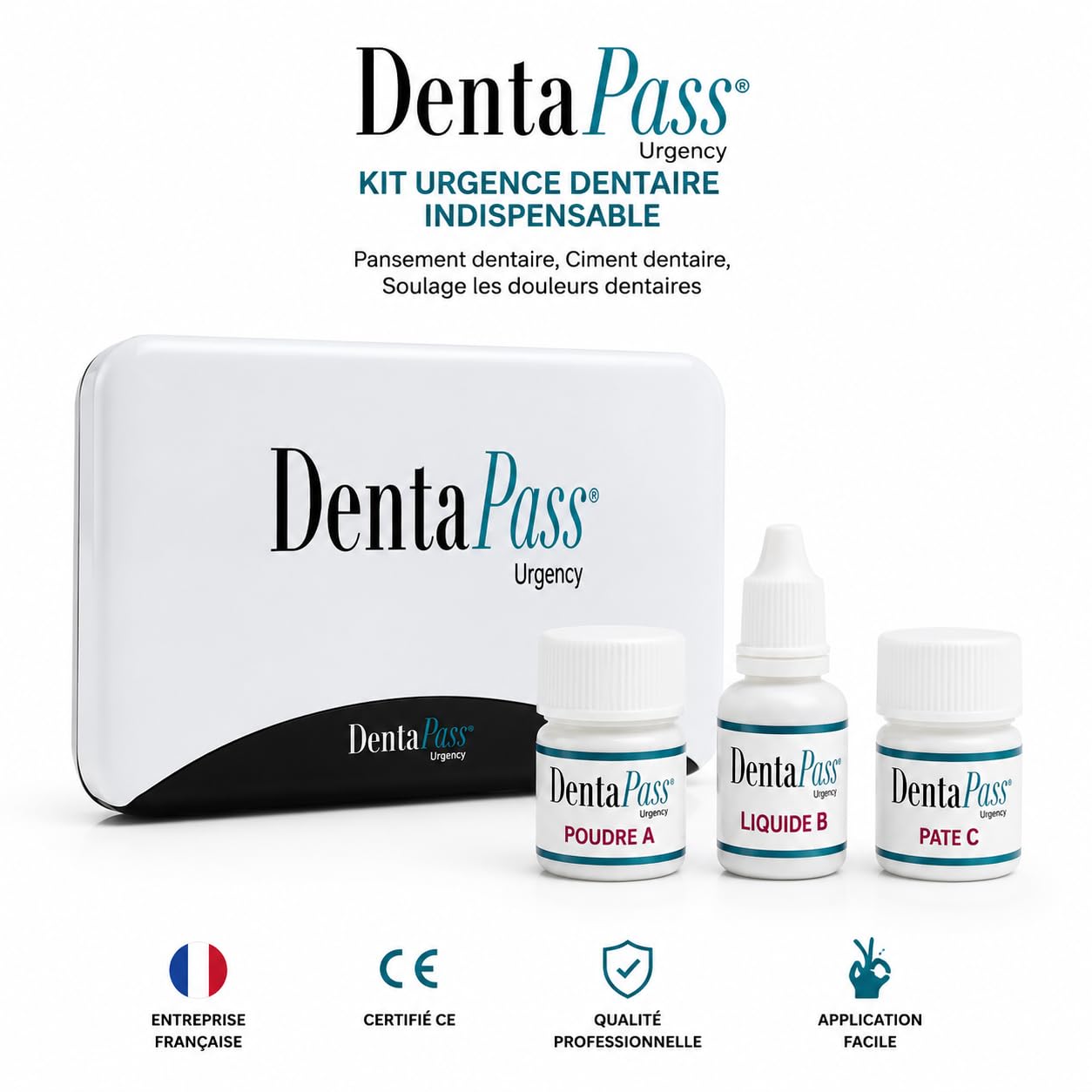 Kit Urgence Dentaire Indispensable – Pansement Dentaire & Ciment Dentaire – Soulage les Douleurs Dentaires – Réparation Dentaire Provisoire – Certifié CE – Entreprise Française (Français)