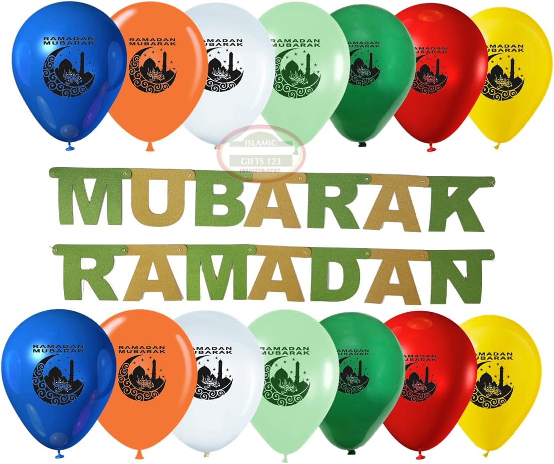 Ramadan Wall Decoration[32 PACK] Ramadan Mubarak Balloons light Banner Muslim Party supply sets Eid Party supply Iftar decoration Eid Wall decor-Islamic Gifts 123 Muslim Gifts (32 Pcs)