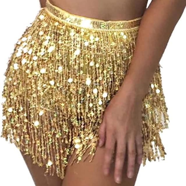 Flovel Womens Belly Dance Skirt Sparkly Sequin Skirts Fringe Hip Scarf Skirt Party Hip Wrap Skirts Rave Costume