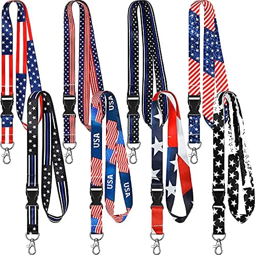 Outus 8 Pieces Key Lanyard ID Lanyards Neck Strap Key Chain Holder Wristlet Lanyard for Women Men (American Flag Style)