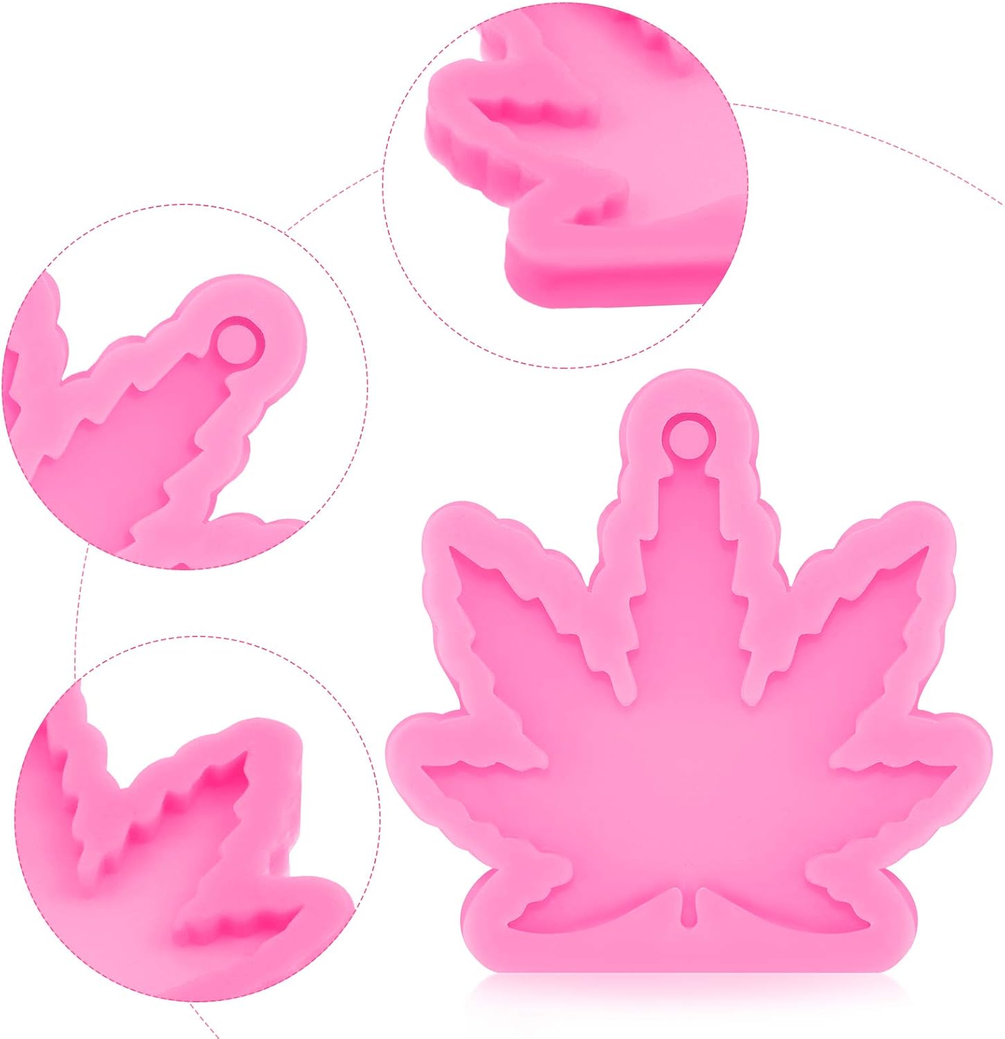 3 Pieces Maple Leaf Silicone Molds Pot Leaves Shaped Keychain Molds Hollow Leaf Shaped Earring Molds Chocolate Candy Clay Moulds and 10 Key Rings with Chain for DIY Baking Crafting Decor (Pink)