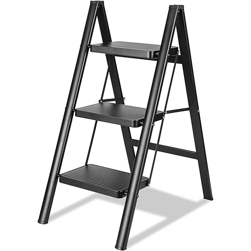TOOLITIN 3 Step Ladder, Folding Step Stool for Adults with Wide Anti-Slip Pedal, Lightweight, Perfect for Kitchen& Household, Library Office,330lbs Capacity Sturdy Steel Ladder,Black