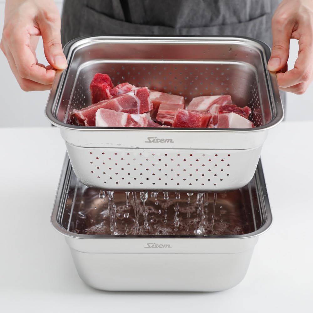 2-in-1 Stainless Steel Washing bowl & Colander Set, 10.6" Square Washing Up Bowl for Sink, Food Strainer Mixing Bowl for Rinsing Fruits, Vegetables, Rice & Pasta (10.6"L x 10.6"W x 4.1"H)