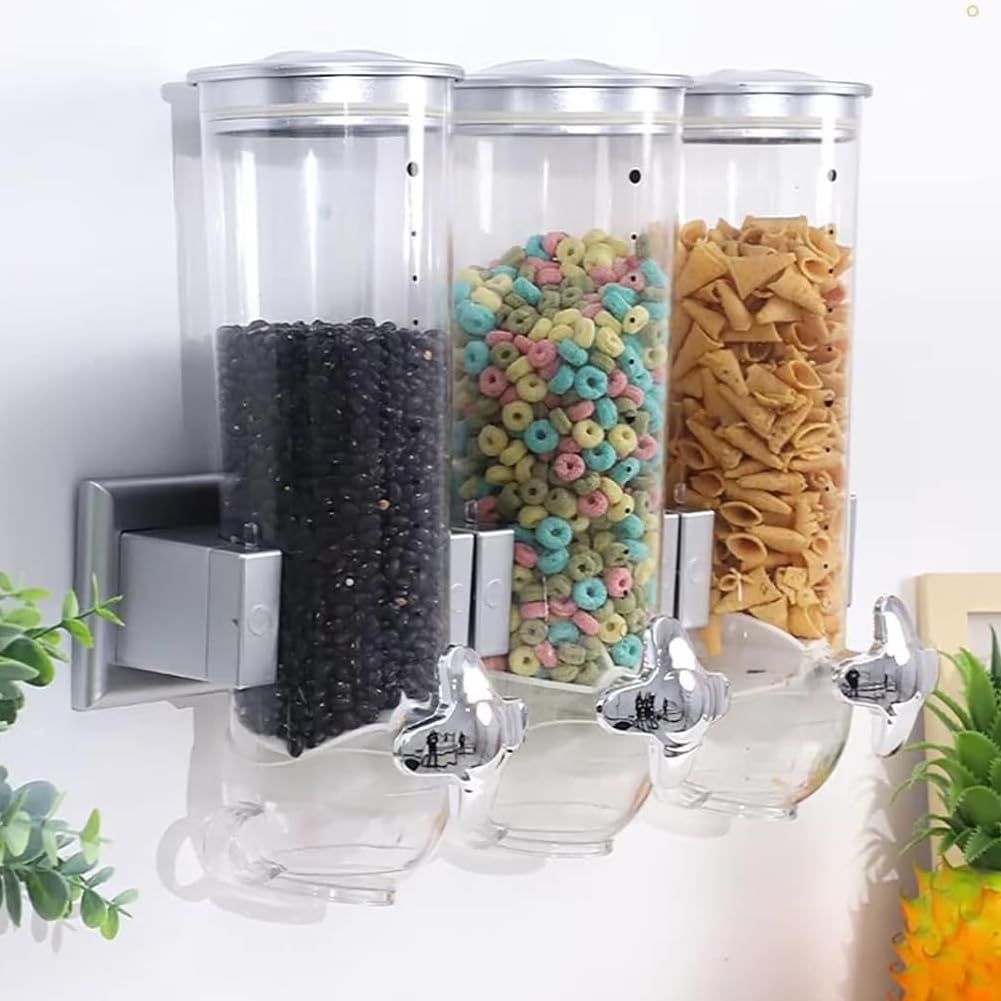 BAKAJI Dispensador de cereales triple de pared, dispensador de tres montaje en pared, dispensador para alimentos secos, caramelos, copos de maíz, nueces, tapa extraíble con cierre hermético (plateado)