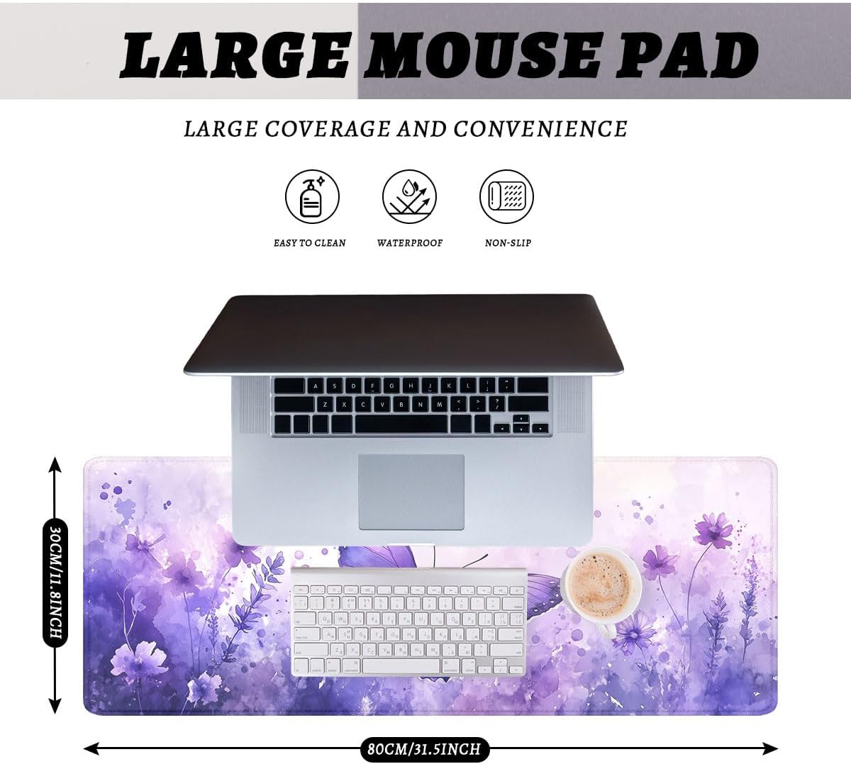 Butterfly Gaming Mouse Pad Purple Watercolor Floral Fantasy Garden Large Gaming Mouse Mat with Stitched Edges,Non-Slip Waterproof Rubber Base Mous Mat Office Computer Keyboard Laptop 31.5x11.8 Inch image 2