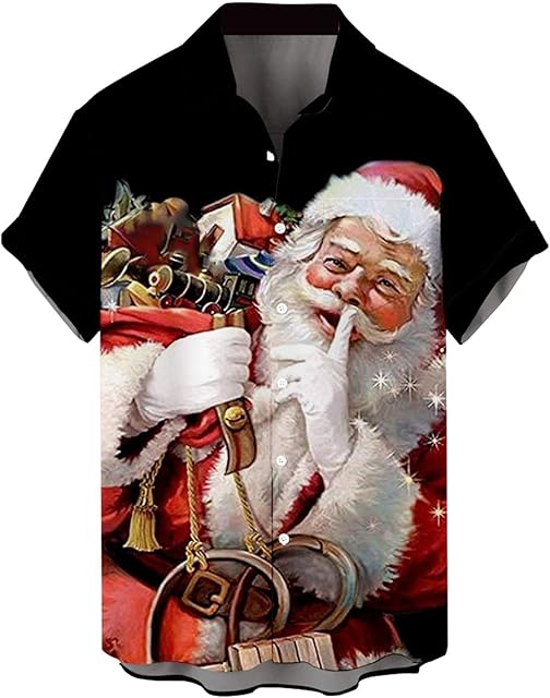 Szshaoye Christmas Hawaiian T Shirts for Men Vintage Button Up Short Sleeve Xmas Summer Casual Holiday Beach Shirts