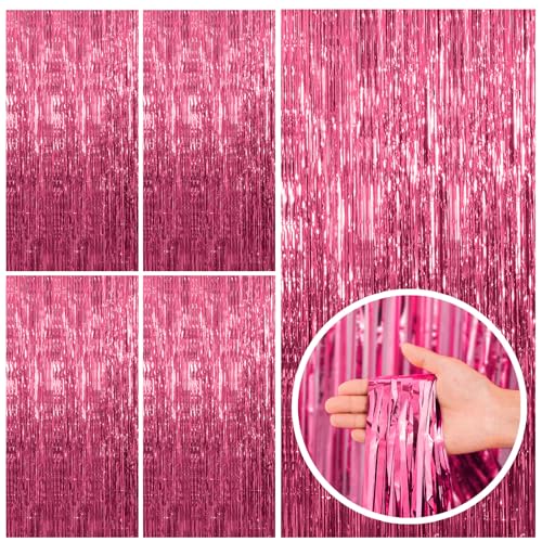 Image of BOMSI 5 Pack Pink Tinsel Curtain Party Backdrop Foil Fringe Birthday Photo Booth Streamer Backdrop Theme Decorations