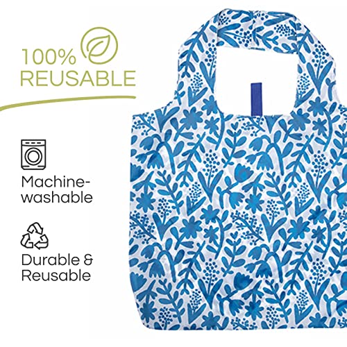 Rockflowerpaper Reusable Grocery Bags For Shopping - Botanical Blu Bag - Machine Washable, Foldable, Packable Tote - Large Handles - Heavy Duty And Lightweight - Zippered Top Pouch #TOP3