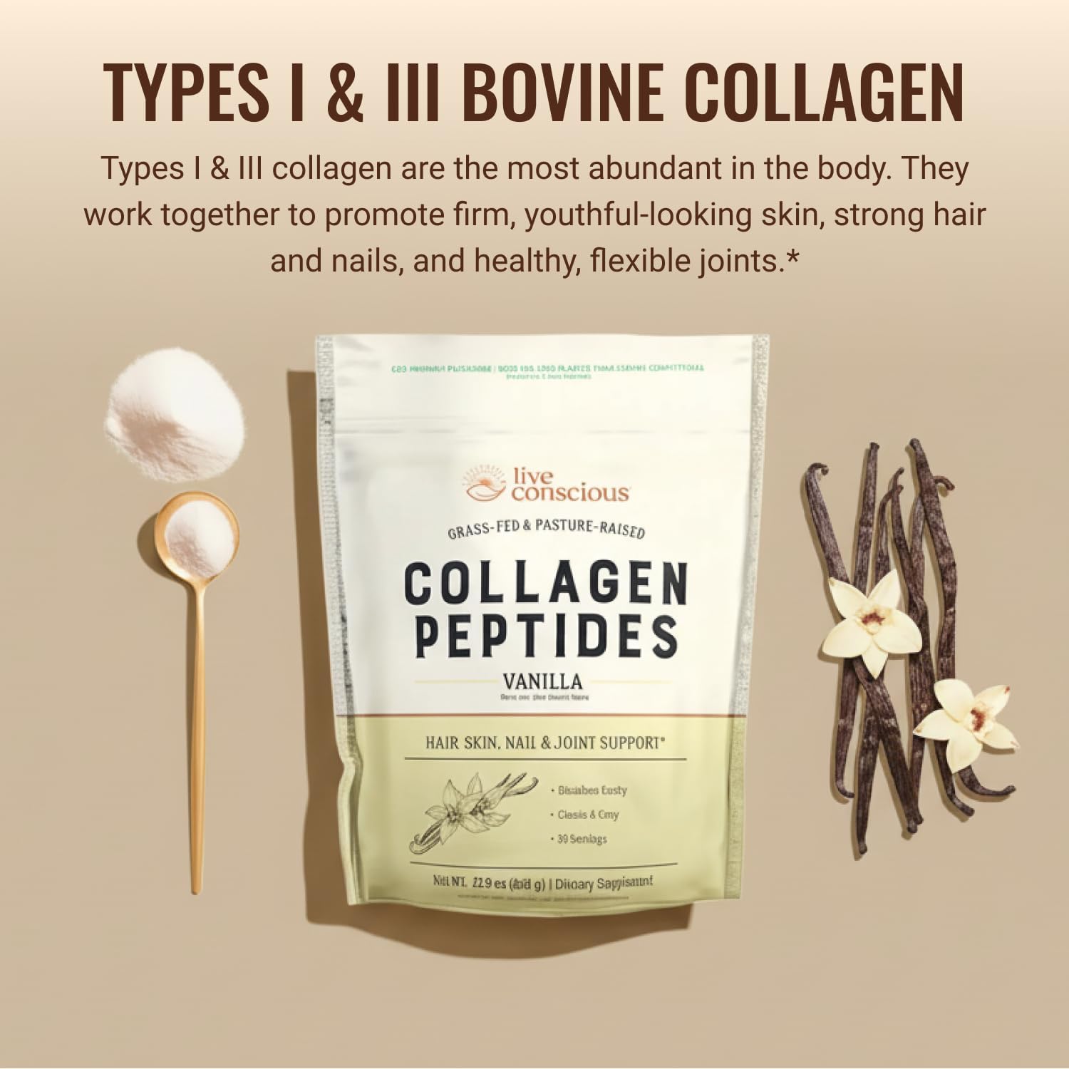 Live Conscious Collagen Peptides Powder - Vanilla Flavored Collagen Powder - Hair, Skin, Nail, & Joint Support - Type I & III Grass-Fed Collagen Supplements for Women and Men - 30 Servings - 13oz