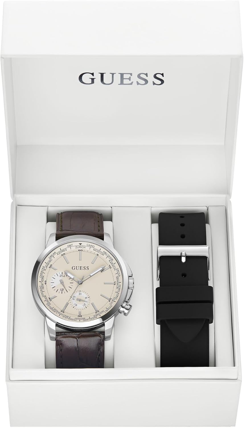 GUESS GW0664G1 watch in its white presentation box with an extra black silicone strap